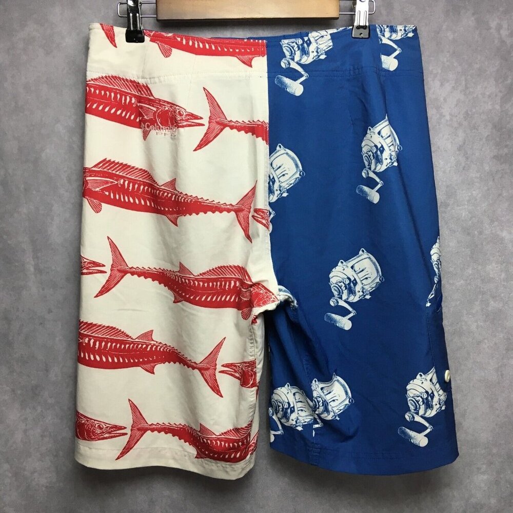 Columbia PFG Mens Swim Trunks Shorts 32 w 11 L Red White Blue Fishing USA Flag